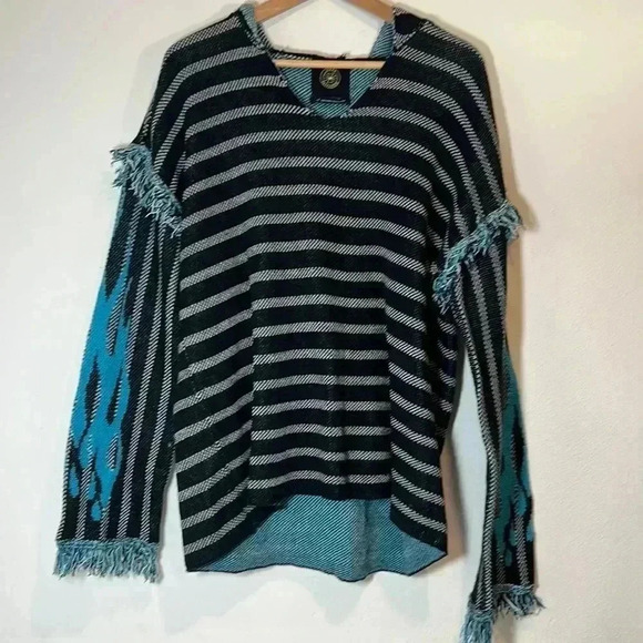Urban Outfitters Striped Flame Sleeve Hoodie Women’s Size Small Black/Turquoise - Picture 1 of 6